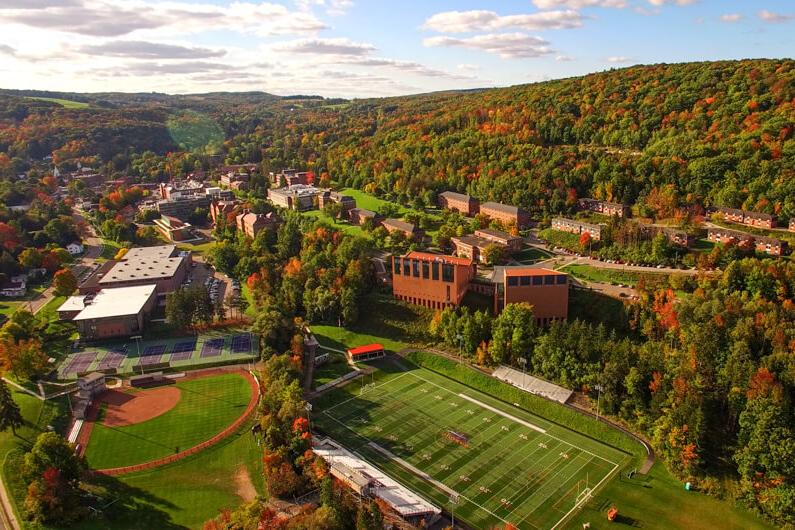 Scenic photo of campus during fall taken from above with a drone